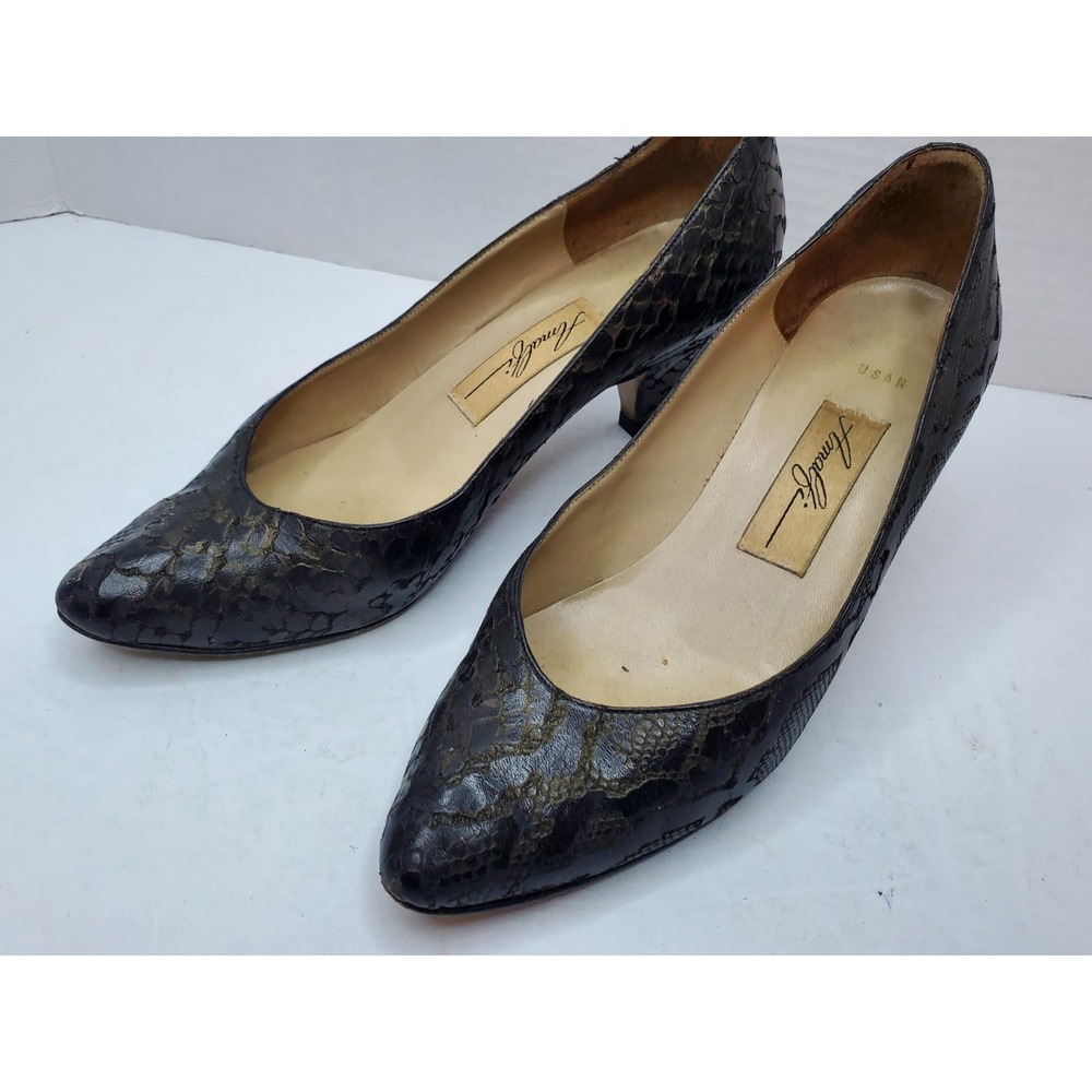 AMALFI Metalic‎ Black Anaconda Leather Pumps Kitten Heels Shoes 8B Italy Y2K